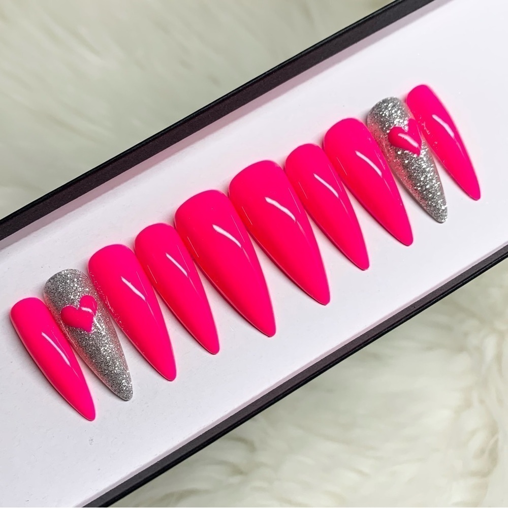 Hot Pink Heart Custom Press On Nails | High Quality Nails | Handmade
